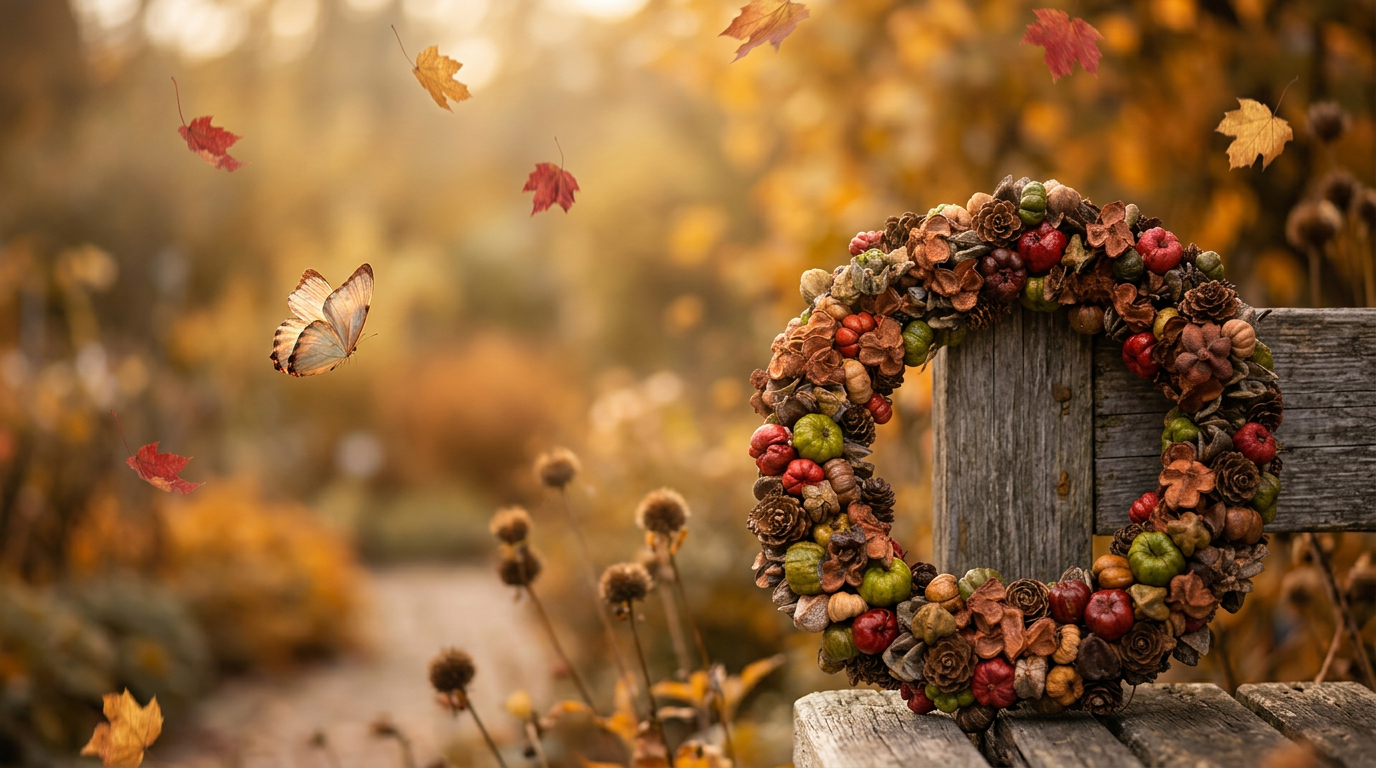 A handmade wreath in an autumn garden