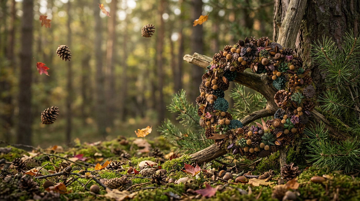 A handmade wreath on the forest floor
